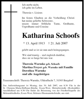 Traueranzeige von Katharina Schoofs von Tageszeitung