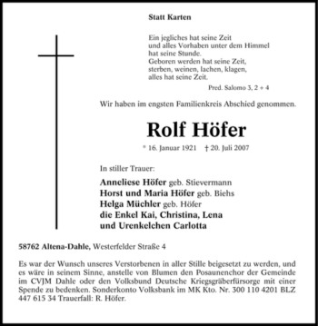 Traueranzeige von Rolf Höfer von Tageszeitung