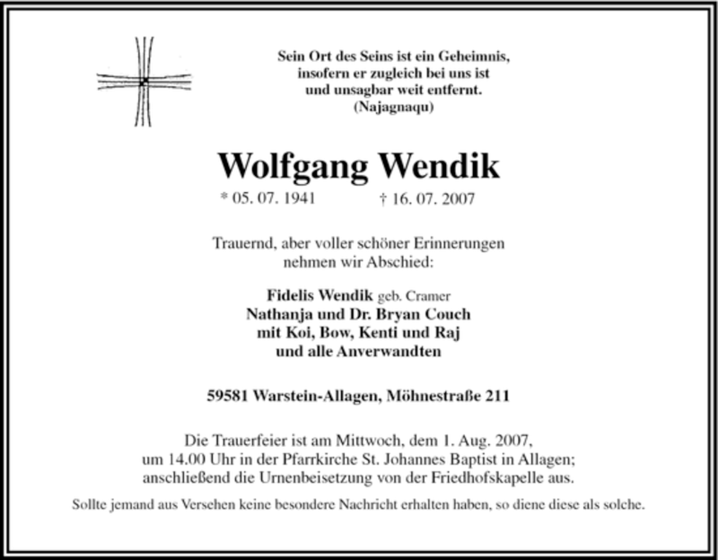  Traueranzeige für Wolfgang Wendik vom 25.07.2007 aus Tageszeitung