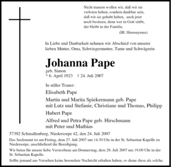 Traueranzeige von Johanna Pape von Tageszeitung