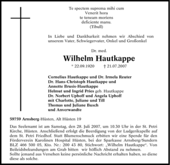 Traueranzeige von Wilhelm Hautkappe von Tageszeitung