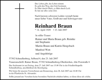 Traueranzeige von Reinhard Braun von Tageszeitung