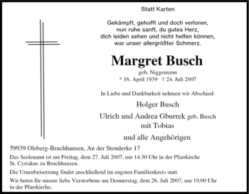 Traueranzeige von Margret Busch von Tageszeitung