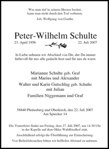 Traueranzeige von Peter-Wilhelm Schulte von Tageszeitung