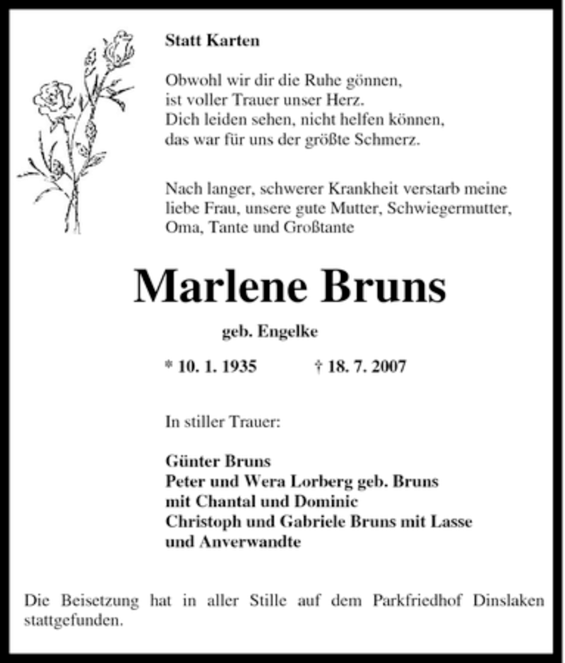  Traueranzeige für Marlene Bruns vom 25.07.2007 aus Tageszeitung