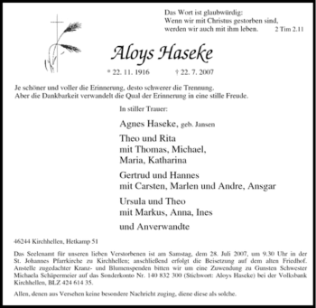 Traueranzeige von Aloys Haseke von Tageszeitung
