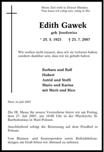 Traueranzeige von Edith Gawek von Tageszeitung