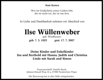 Traueranzeige von Ilse Wüllenweber von Tageszeitung