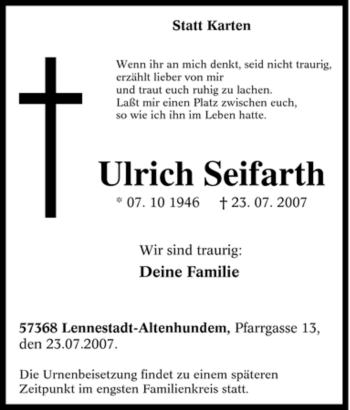 Traueranzeige von Ulrich Seifarth von Tageszeitung