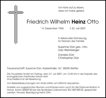 Traueranzeige von Friedrich Wilhelm Heinz Otto von Tageszeitung