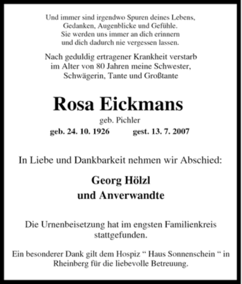 Traueranzeige von Rosa Eickmans von Tageszeitung