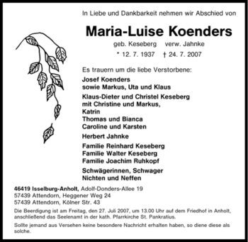 Traueranzeige von Maria-Luise Koenders von Tageszeitung