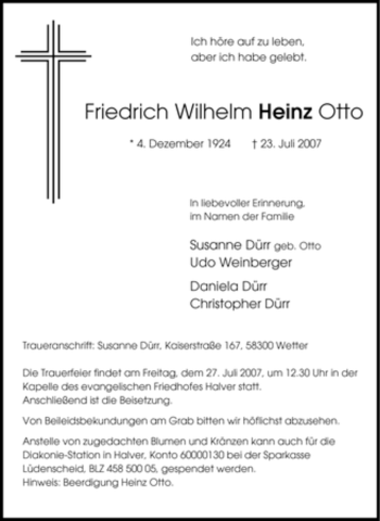 Traueranzeige von Friedrich Wilhelm Heinz Otto von Tageszeitung