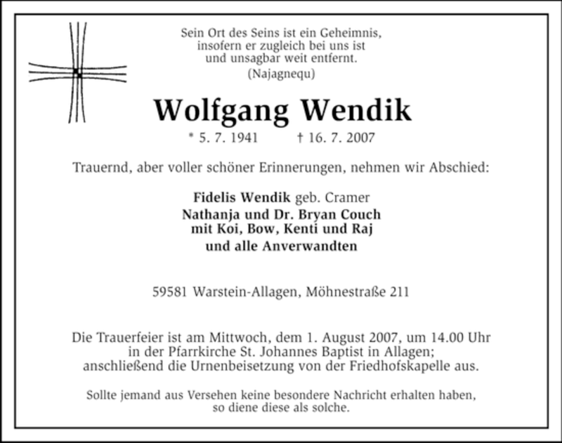  Traueranzeige für Wolfgang Wendik vom 25.07.2007 aus Tageszeitung