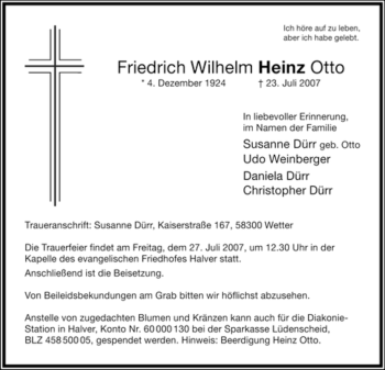 Traueranzeige von Friedrich Wilhelm Heinz Otto von Tageszeitung
