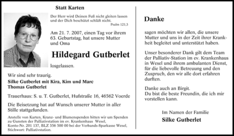  Traueranzeige für Hildegard Gutberlet vom 26.07.2007 aus Tageszeitung