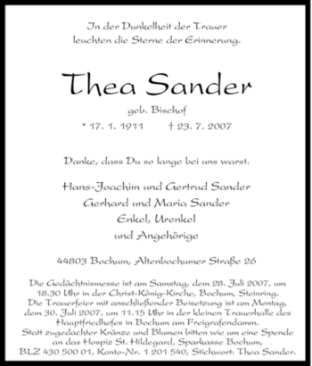 Traueranzeige von Thea Sander von Tageszeitung