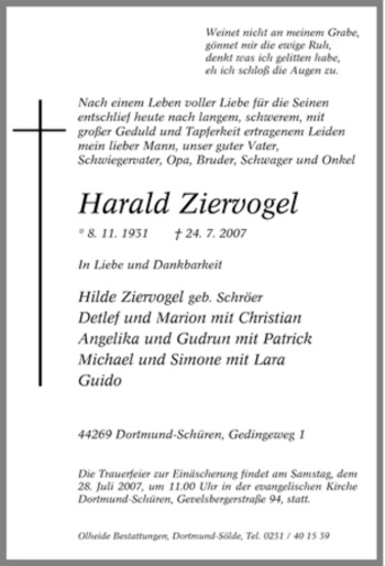 Traueranzeige von Harald Ziervogel von Tageszeitung
