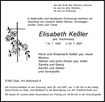 Traueranzeige von Elisabeth Keßler von Tageszeitung