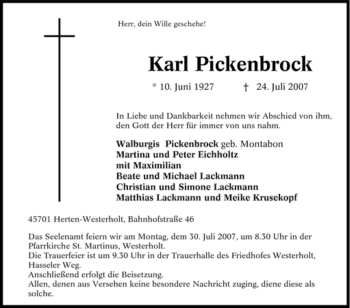 Traueranzeige von Karl Pickenbrock von Tageszeitung