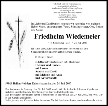 Traueranzeige von Friedhelm Wiedemeier von Tageszeitung