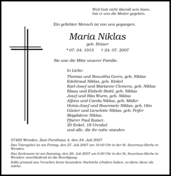 Traueranzeige von Maria Niklas von Tageszeitung