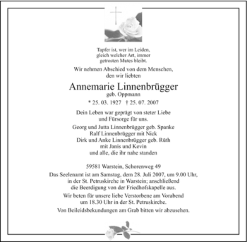 Traueranzeige von Annemarie Linnenbrügger von Tageszeitung
