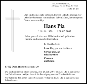 Traueranzeige von Hans Pia von Tageszeitung