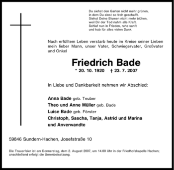Traueranzeige von Friedrich Bade von Tageszeitung