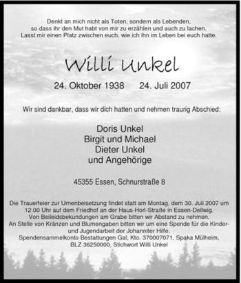 Traueranzeige von Willi Unkel von Tageszeitung