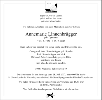 Traueranzeige von Annemarie Linnenbrügger von Tageszeitung