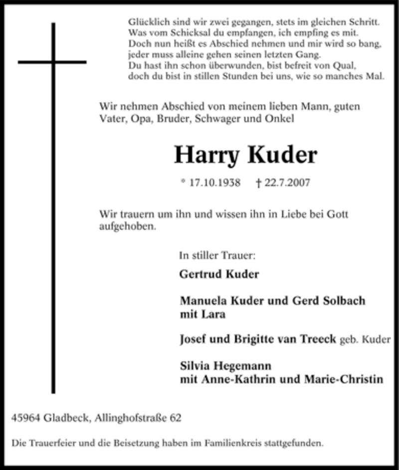  Traueranzeige für Harry Kuder vom 27.07.2007 aus Tageszeitung
