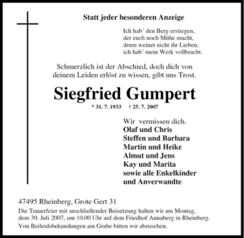 Traueranzeige von Siegfried Gumpert von Tageszeitung