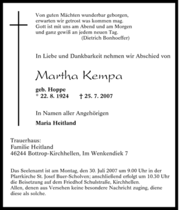 Traueranzeige von Martha Kempa von Tageszeitung