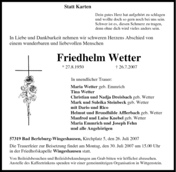 Traueranzeige von Friedhelm Wetter von Tageszeitung