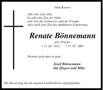 Traueranzeige von Renate Bönnemann von Tageszeitung