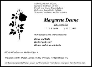 Traueranzeige von Margarete Denne von Tageszeitung