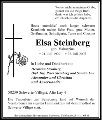 Traueranzeige von Elsa Steinberg von Tageszeitung