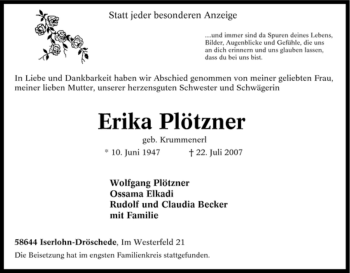 Traueranzeige von Erika Plötzner von Tageszeitung