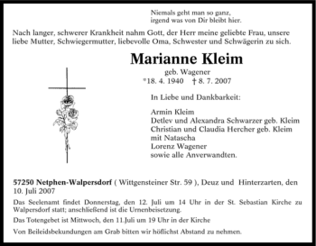 Traueranzeige von Marianne Kleim von Tageszeitung