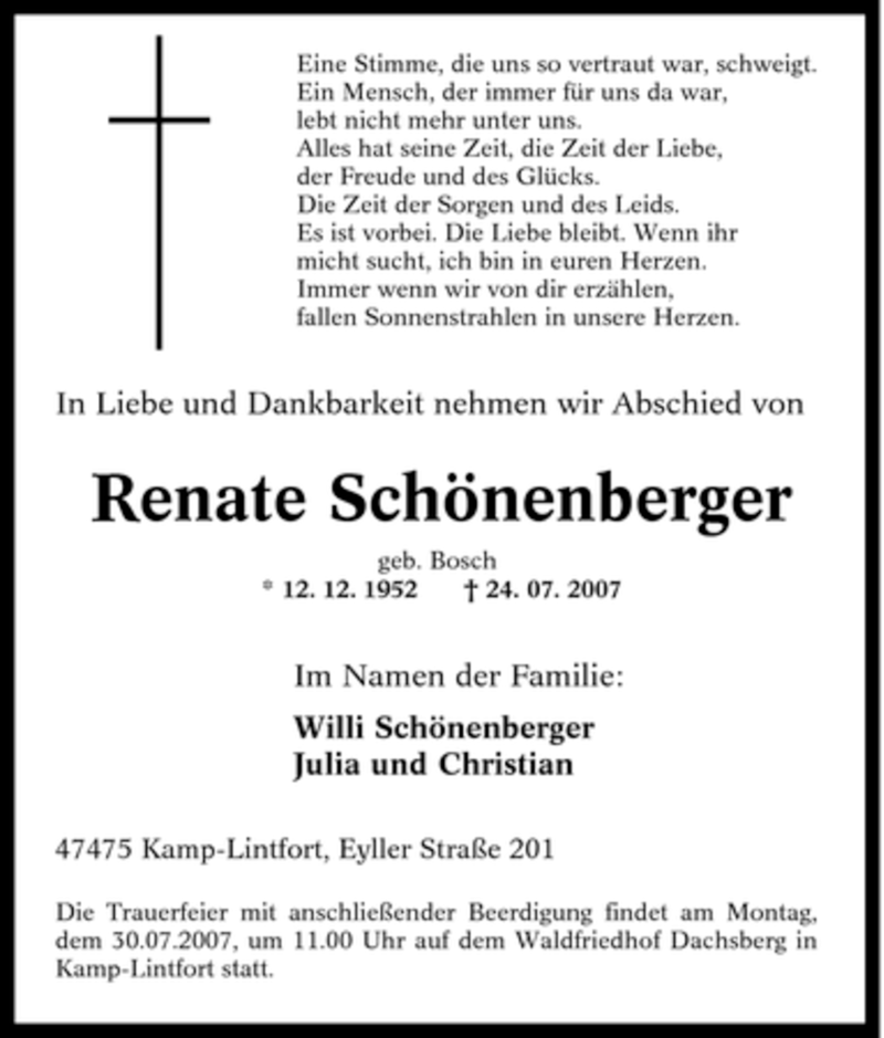  Traueranzeige für Renate Schönenberger vom 28.07.2007 aus Tageszeitung