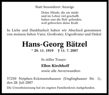 Traueranzeige von Hans-Georg Bätzel von Tageszeitung