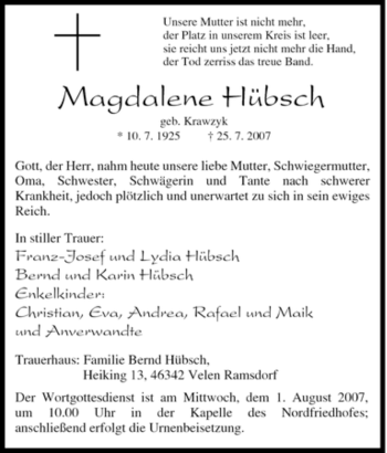 Traueranzeige von Magdalene Hübsch von Tageszeitung