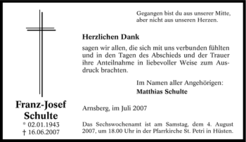 Traueranzeige von Franz-Josef Schulte von Tageszeitung