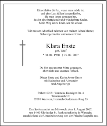 Traueranzeige von Klara Enste von Tageszeitung