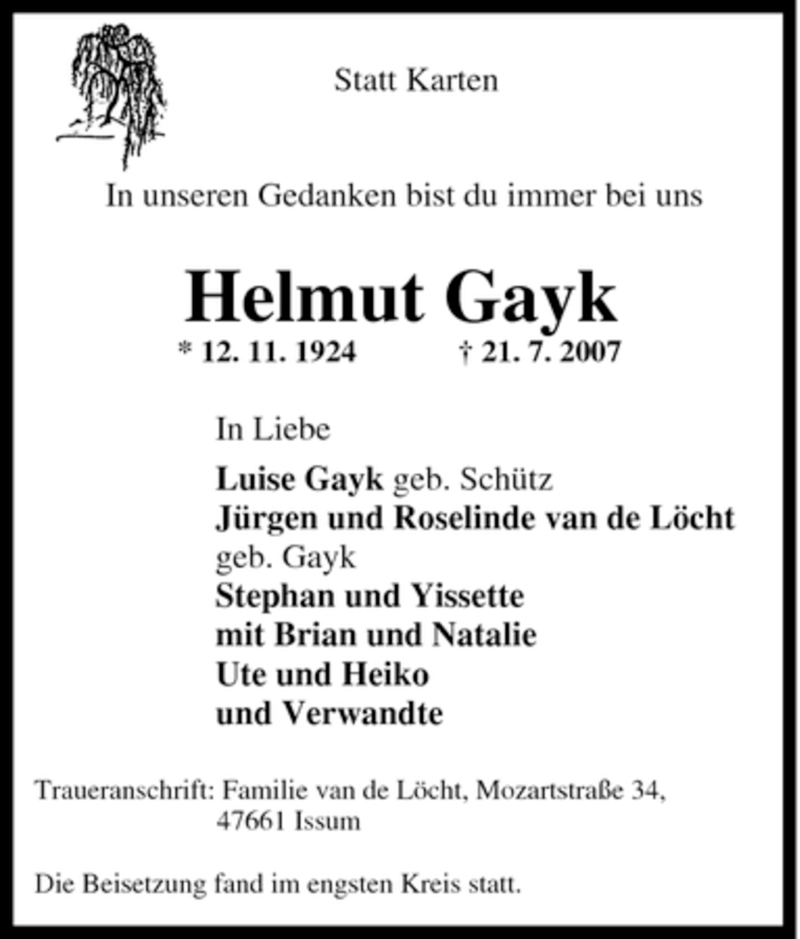  Traueranzeige für Helmut Gayk vom 28.07.2007 aus Tageszeitung