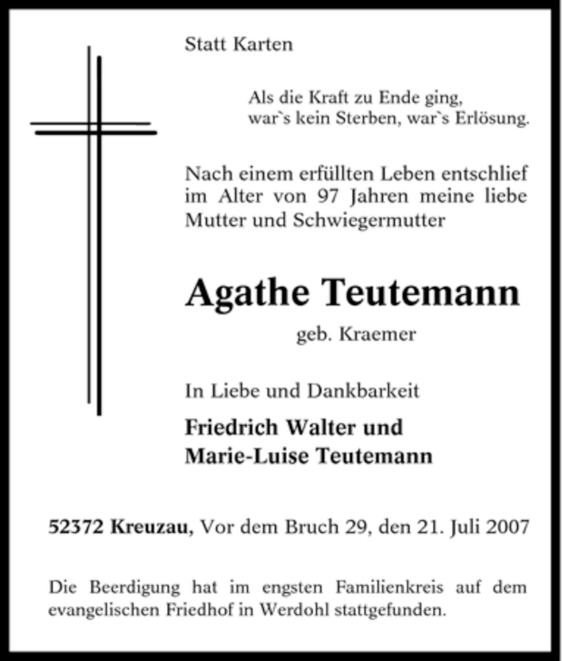  Traueranzeige für Agathe Teutemann vom 28.07.2007 aus Tageszeitung