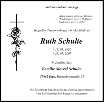 Traueranzeige von Ruth Schulte von Tageszeitung