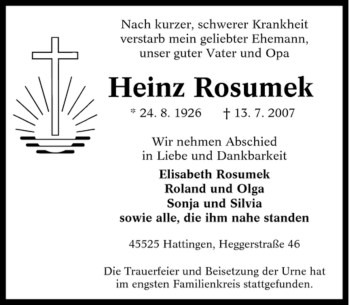 Traueranzeige von Heinz Rosumek von Tageszeitung