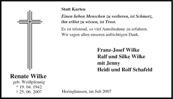 Traueranzeige von Renate Wilke von Tageszeitung
